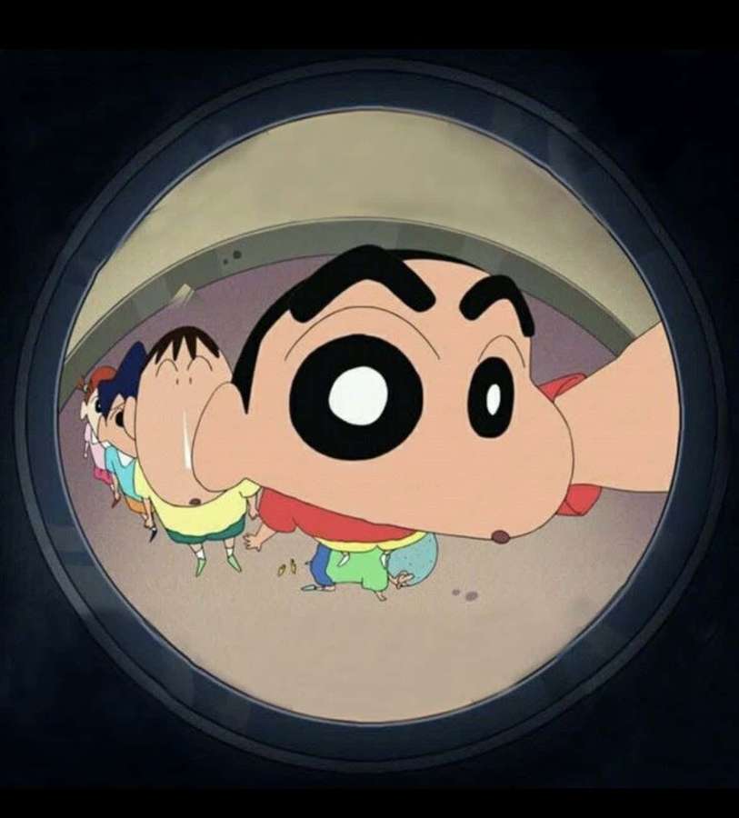 Crayon Shin-chan and friends looking through a round porthole in a dark tunnel. — TikTok Pfp Ideas Wallpaper