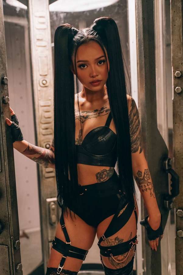 Tattooed woman with pigtails in black leather and harnesses standing in metal doorway. — Tiktokers Wallpaper