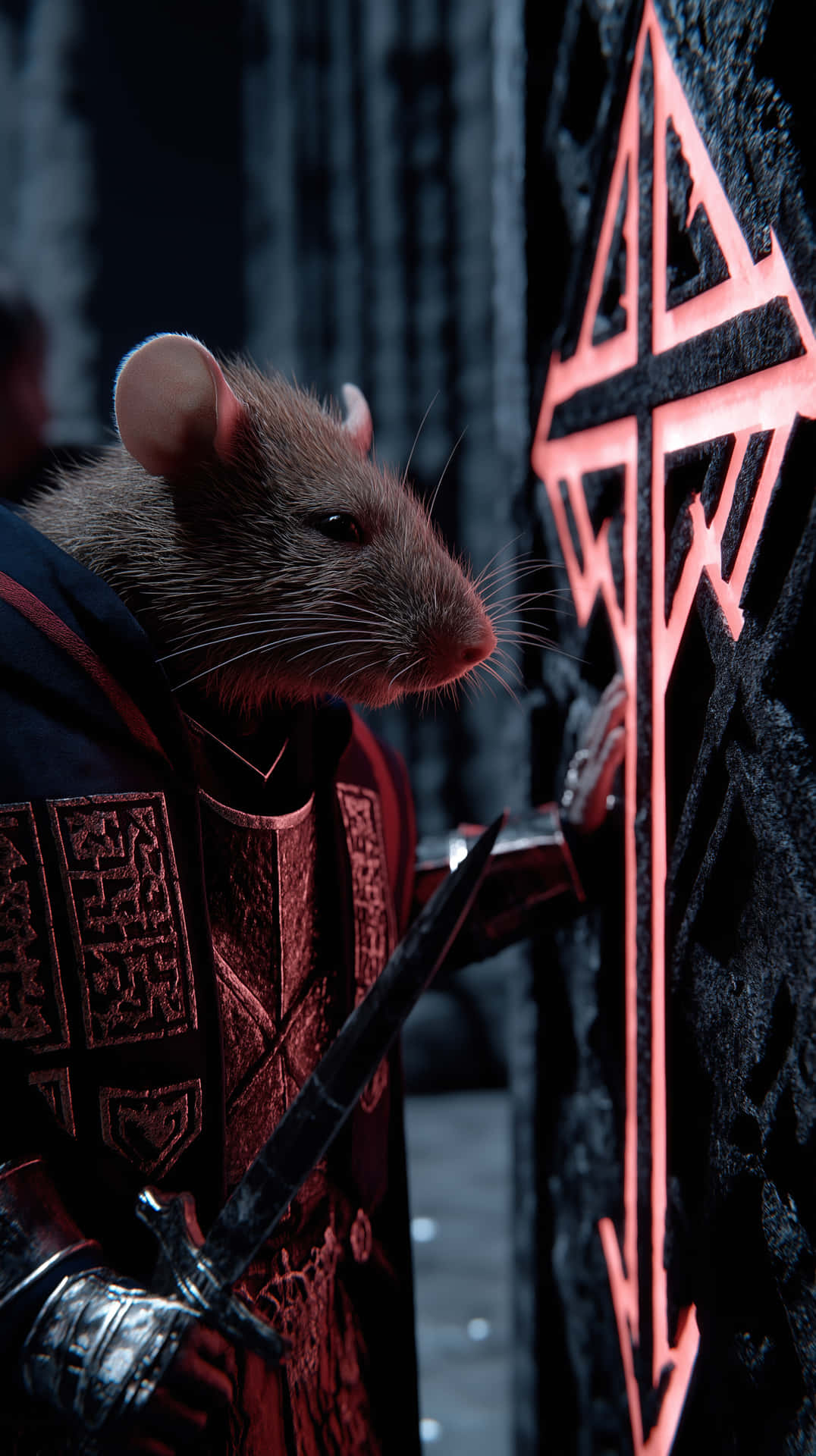 Seekor tikus dengan baju besi gelap memegang belati di dekat pintu rune merah bercahaya dalam latar gotik. — Tikus Wallpaper