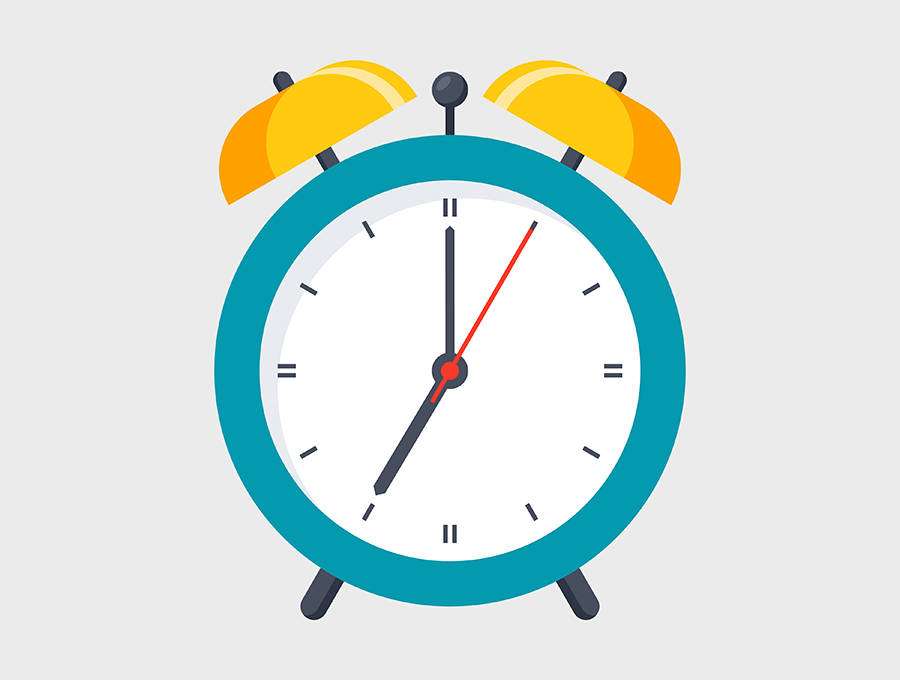 Türkiser Wecker mit gelben Glocken und rotem Sekundenzeiger um 7 Uhr. — Time Clock Bilder