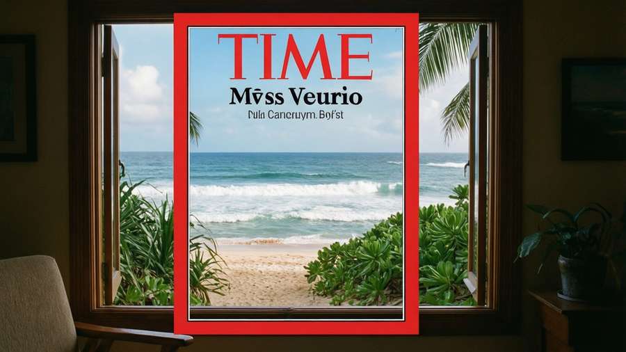 Time Magazine red border as window to a tropical beach scene. — Time Magazine Wallpaper