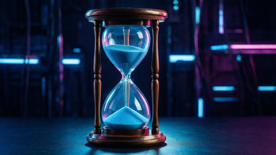 A futuristic hourglass with glowing blue sand. — Time Management Wallpaper