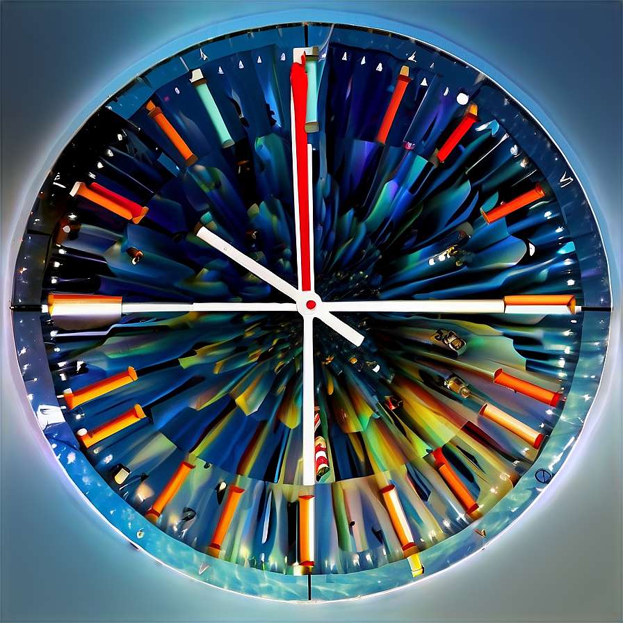 A colorful abstract clock with glowing hands and a radiant blue background. — Time PNG