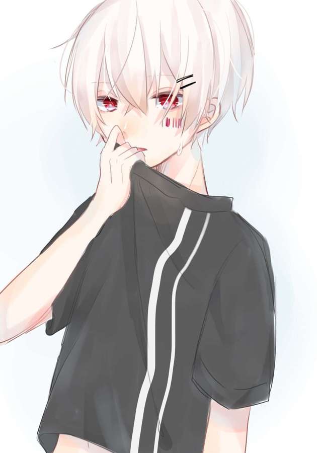 Anime boy with white hair and red eyes in a black shirt with white stripes. — Timid Picture