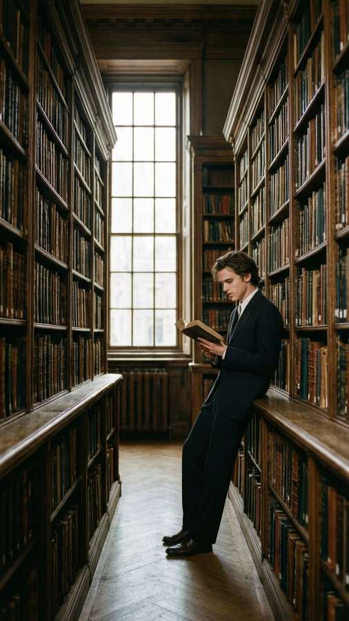 Timothée Chalamet reading in a beautiful library. — Timothée Chalamet Background