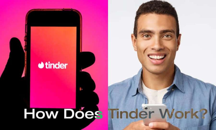 Lächelnder Mann, der Telefon mit geöffneter Tinder-App hält. — Tinder Bilder