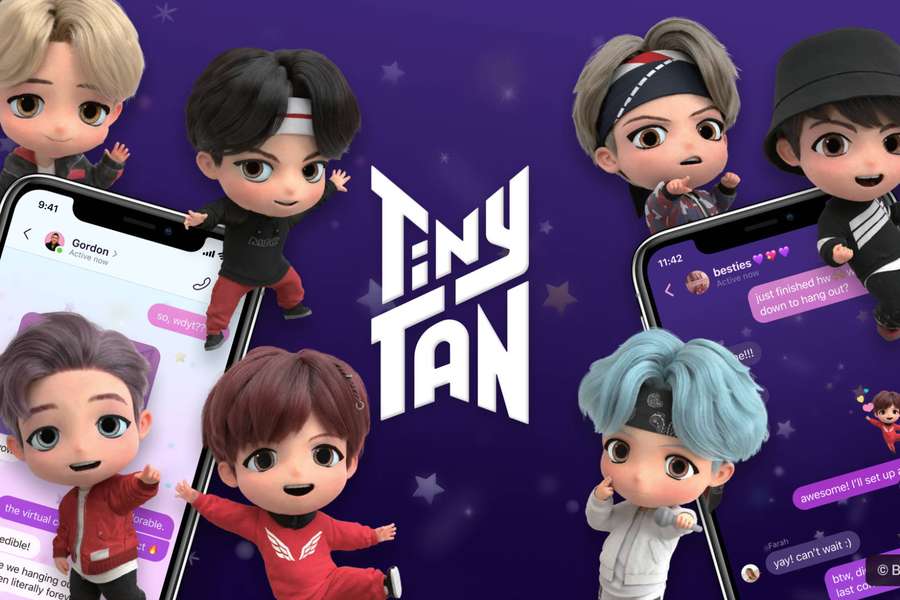 Personajes de anime chibi saliendo de teléfonos inteligentes sobre un fondo púrpura estrellado. — Tiny Tan Bts Fondos de pantalla