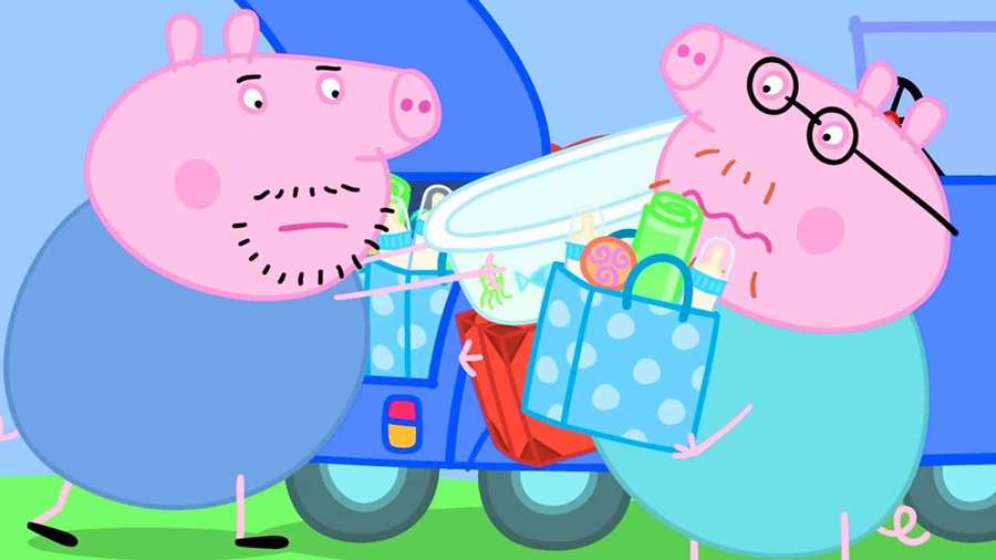 Dos cerdos de dibujos animados con un coche azul lleno de artículos de picnic sobre hierba verde. — Tío Cerdo Fondos de pantalla