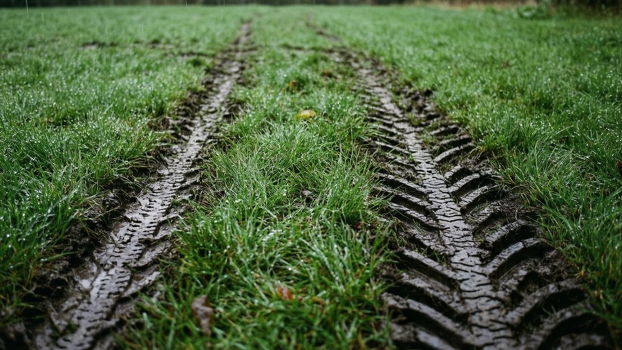 Tire tracks on a wet grass field after rain with water droplets. — Tire Marks Wallpaper