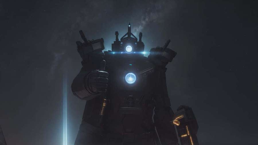 Glowing blue-eyed robot standing in dark night sky with stars — Titan Cameraman Wallpaper