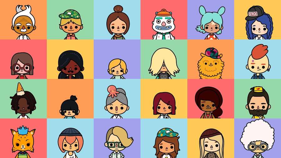 Grid of diverse cartoon avatars with unique hairstyles and accessories. — Toca Boca Background