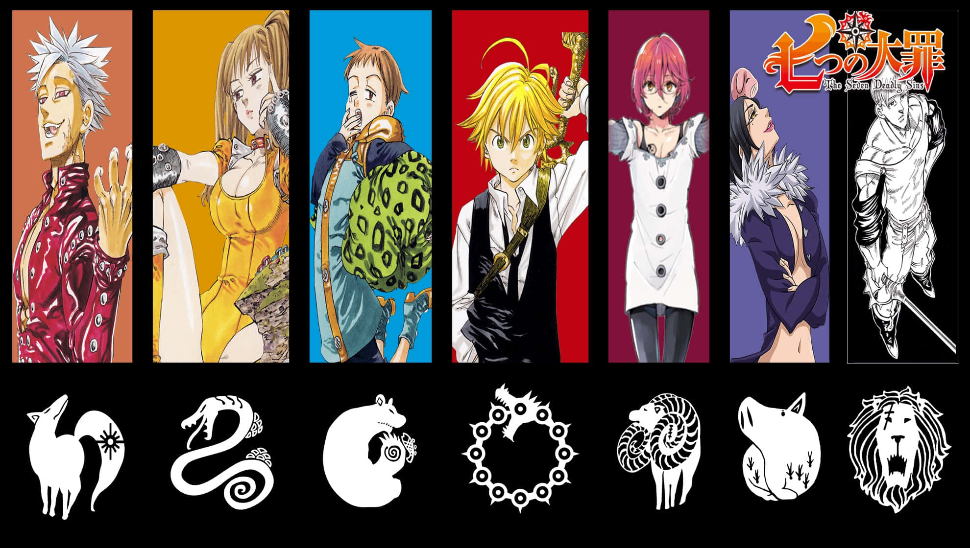 Sieben Anime-Charaktere aus The Seven Deadly Sins mit Tierkreiszeichen darunter. — Tödlich Wallpaper