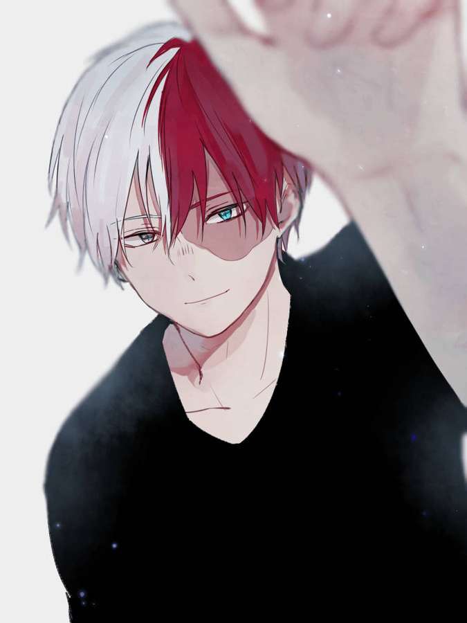 Cowok anime dengan rambut merah dan putih tersenyum sambil mengangkat tangannya. — Todoroki Imut Wallpaper
