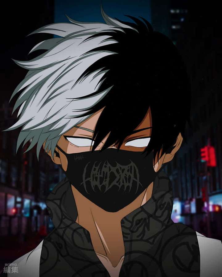 Personaje de anime con cabello mitad plateado mitad negro usando una máscara negra en una ciudad de neón por la noche. — Todoroki Negro Fondos de pantalla