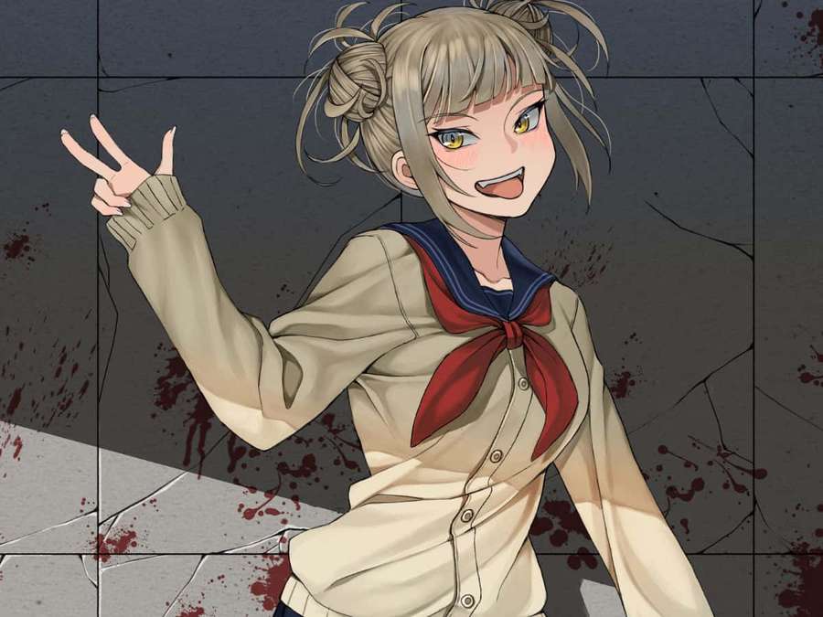 Anime girl in school uniform smiling and making peace sign with blood on wall behind her. — Toga Background