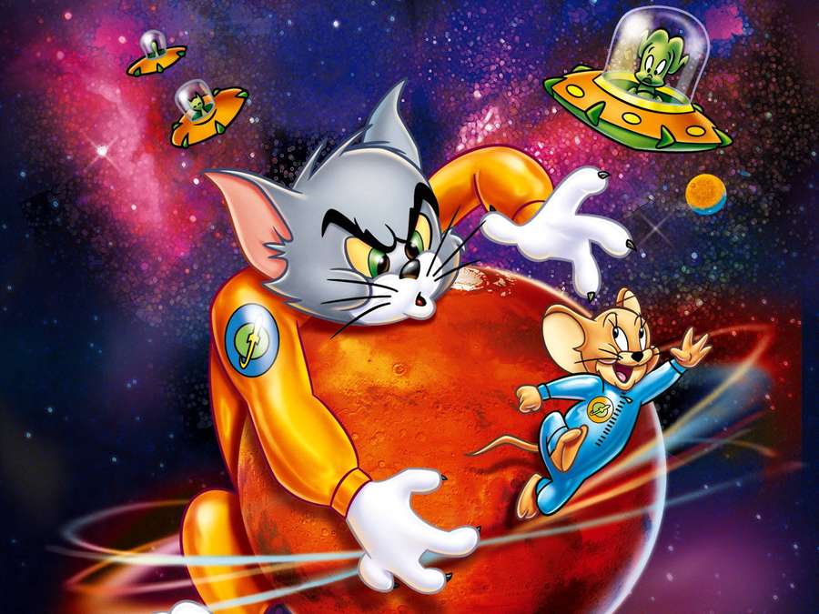 Tom and Jerry in space suits chasing each other among alien UFOs and a red planet. — Tom And Jerry iPhone Wallpaper