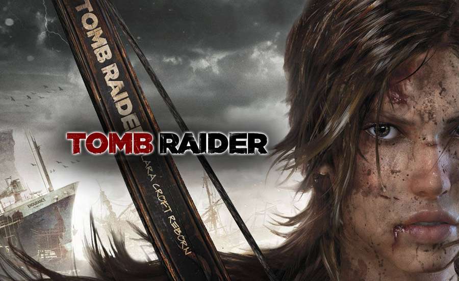 Lara Croft with a bow in a stormy scene with a shipwreck behind her. — Tomb Raider 9 Wallpaper