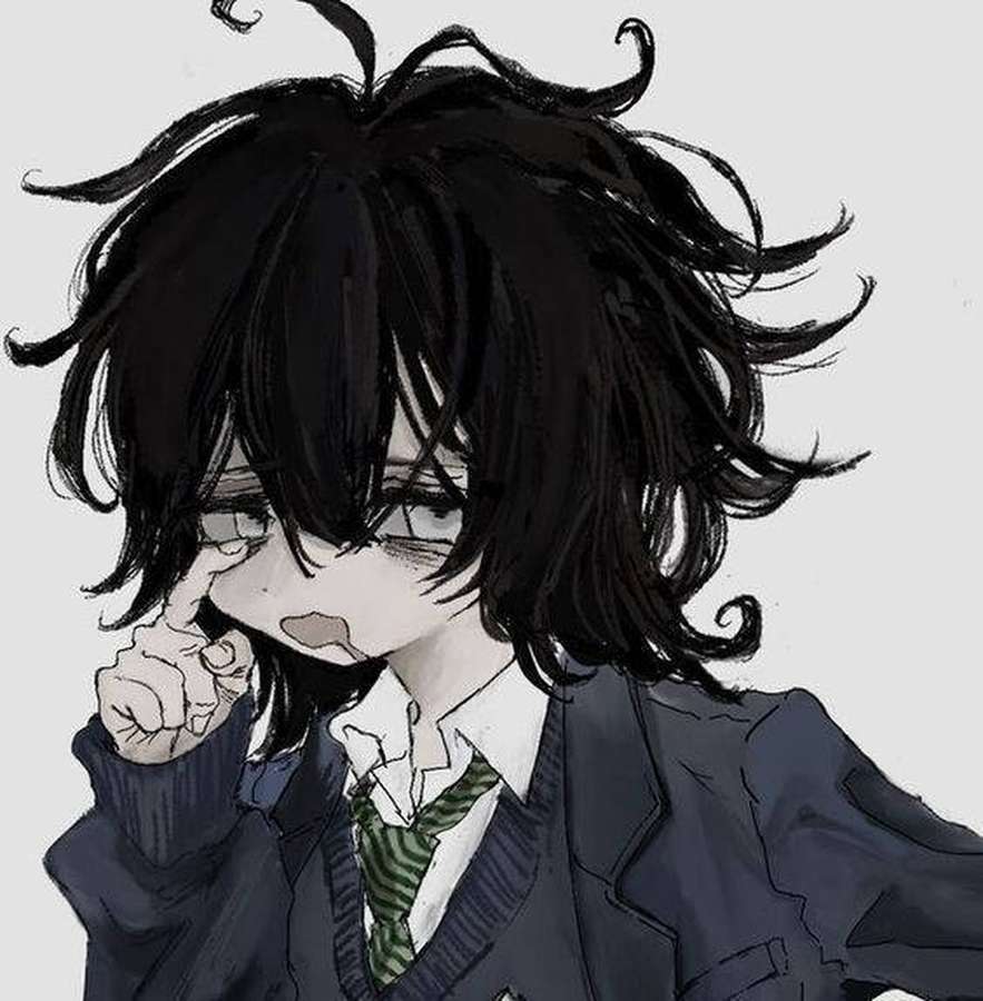 Anime-Junge in Schuluniform wischt sich eine Träne ab, mit zerzaustem schwarzem Haar. — Tomboy Bilder