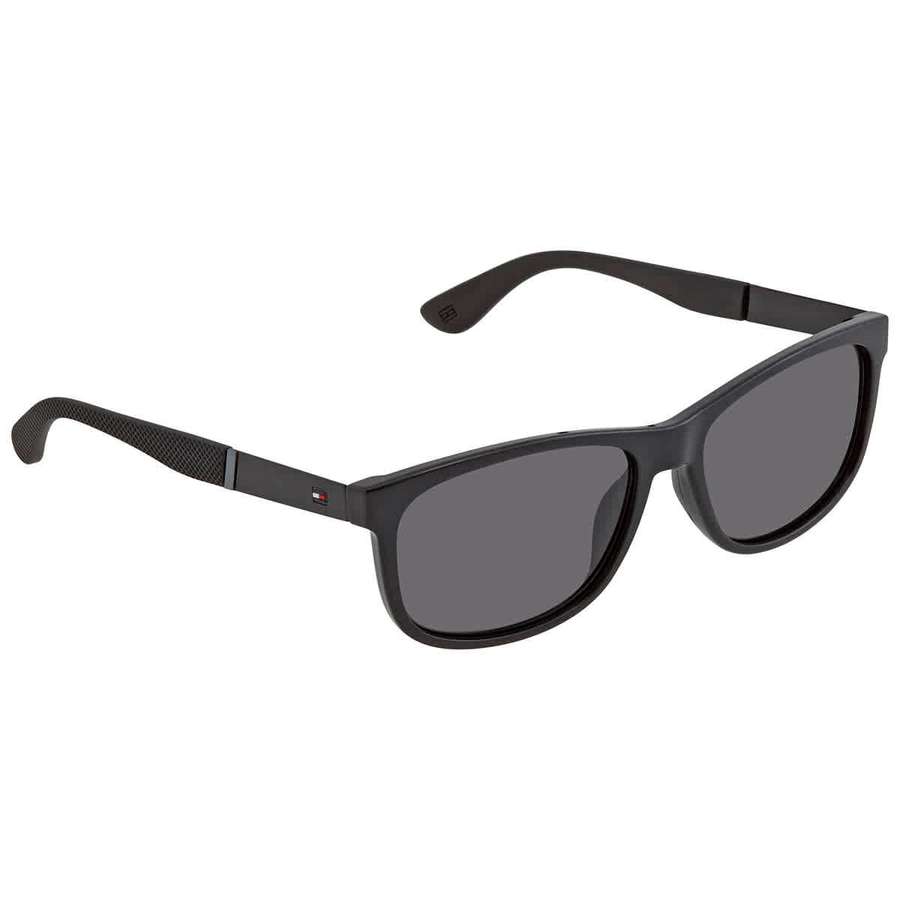 Schwarz gerahmte Sonnenbrille mit grauen Gläsern und strukturierten Bügeln. — Tommy Hilfiger Hintergrundbild