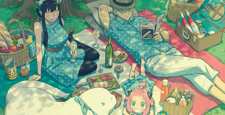Anime family enjoying a sunny picnic with food wine and a dog on a grassy field. — Top Anime Background