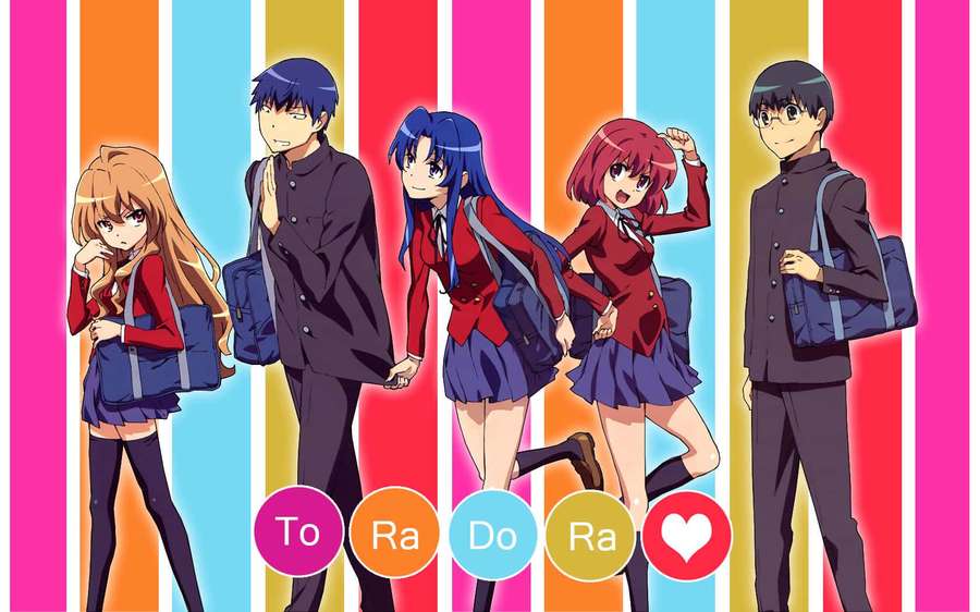 Five anime students in school uniforms standing against a colorful striped background. — Toradora Background