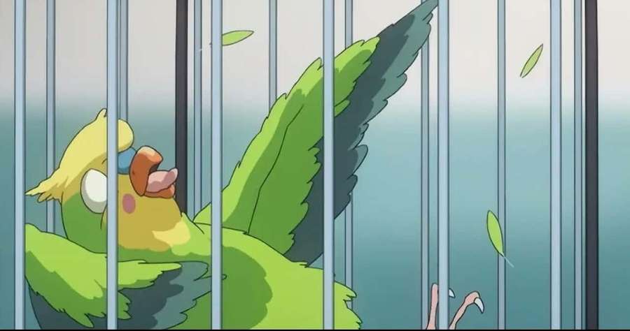 A green and yellow parrot flapping wings inside a cage with falling leaves. — Toradora Inko Wallpaper