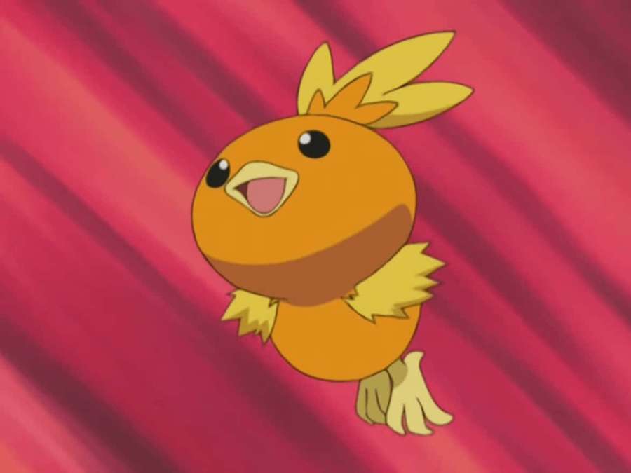 Orange anime bird Pokémon with yellow tufts floating against pink stripes. — Torchic Wallpaper
