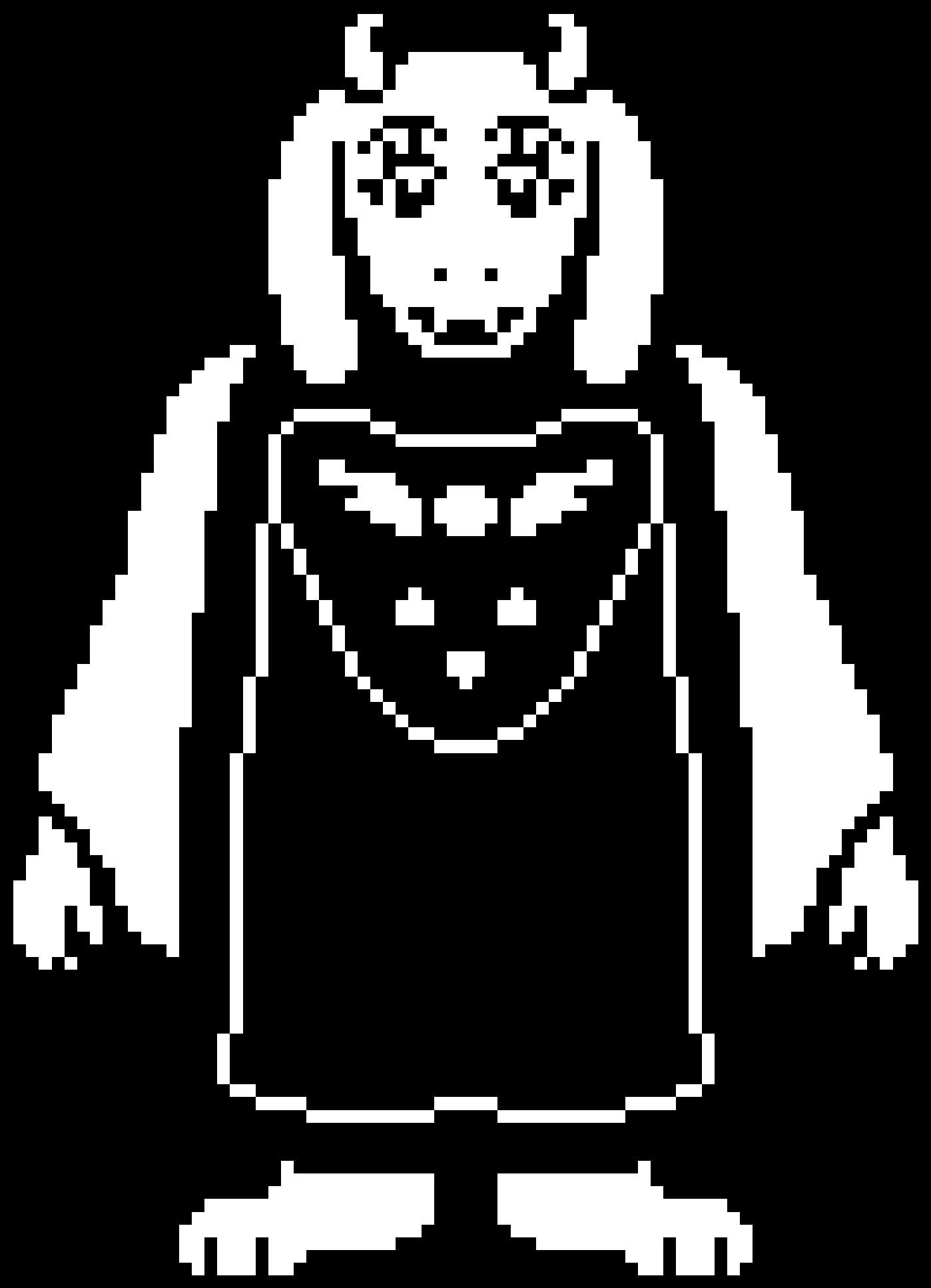 Pixelated white character with horns and heart emblem on black background — Toriel PNG