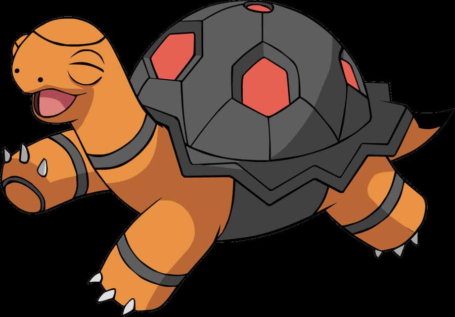 A smiling orange turtle with a black and red shell running with spiked arms and legs. — Torkoal Wallpaper