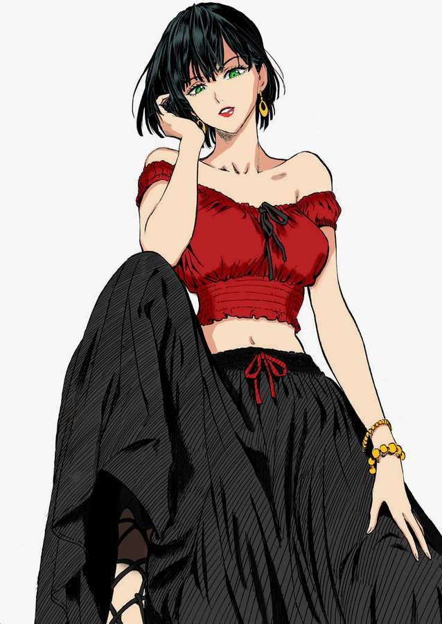 Chica anime con cabello negro y ojos verdes vistiendo top rojo y falda negra. — Tormenta infernal Fondos de pantalla