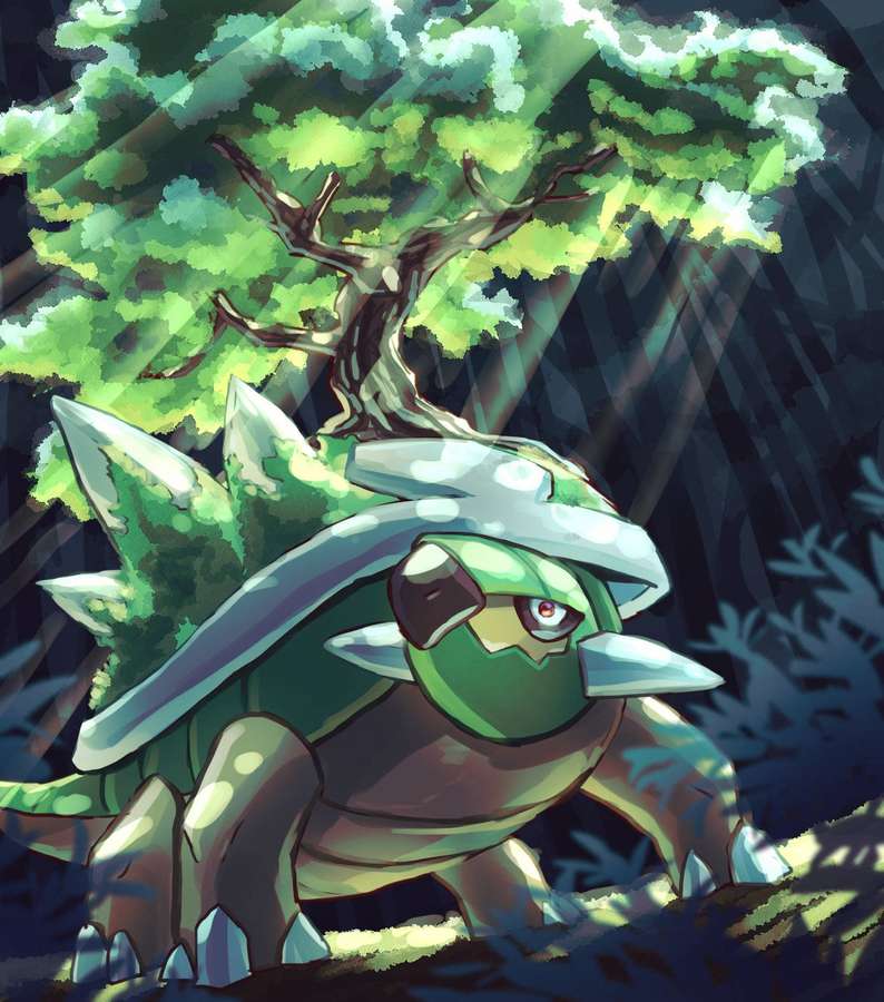 Ein grünes, gepanzertes Pokémon mit einem Baum auf dem Rücken steht in einem sonnigen Wald. — Torterra Bilder
