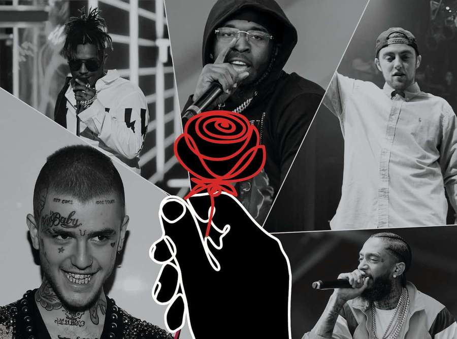 Eine stilisierte schwarze Hand, die eine rote Rose über einer Collage von fünf Rappern hält. — Tote Rapper Wallpaper