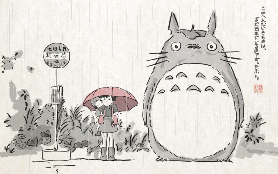 Child with red umbrella beside giant Totoro under rain near bus stop. — Totoro Background