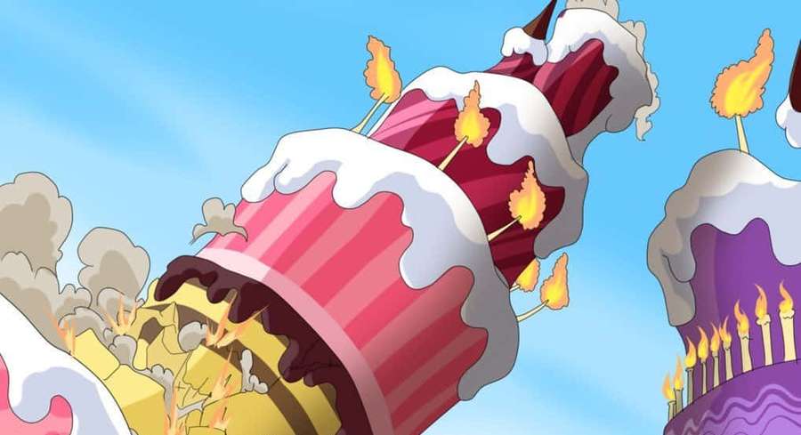Giant cartoon cake exploding with flames and smoke against a blue sky. — Totto Land Wallpaper