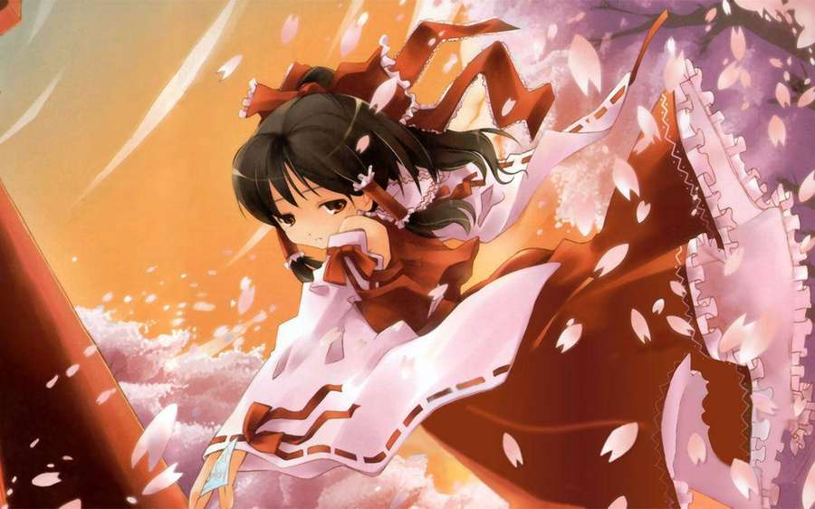 Anime girl in traditional kimono dancing in cherry blossom petals at sunset. — Touhou Background