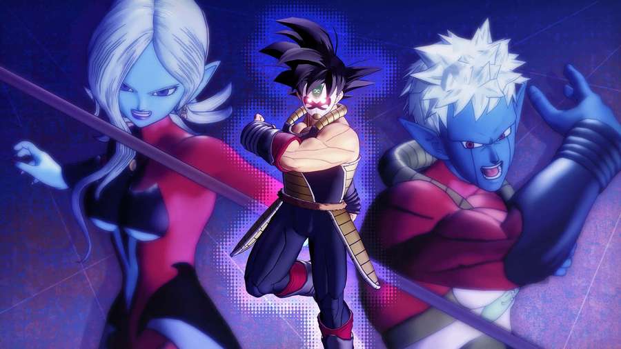 Three anime characters with blue skin and spiky hair in dynamic poses. — Towa Wallpaper