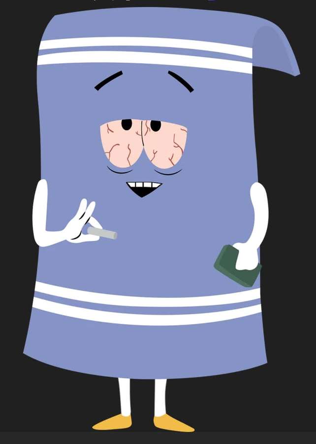 Personagem de desenho animado de toalha segurando cigarro e esponja com rosto parecido com cérebro. — Towelie Papéis de Parede