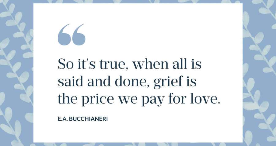 A quote about grief and love on a blue leaf-patterned background. — Tragedy Quotes Wallpaper