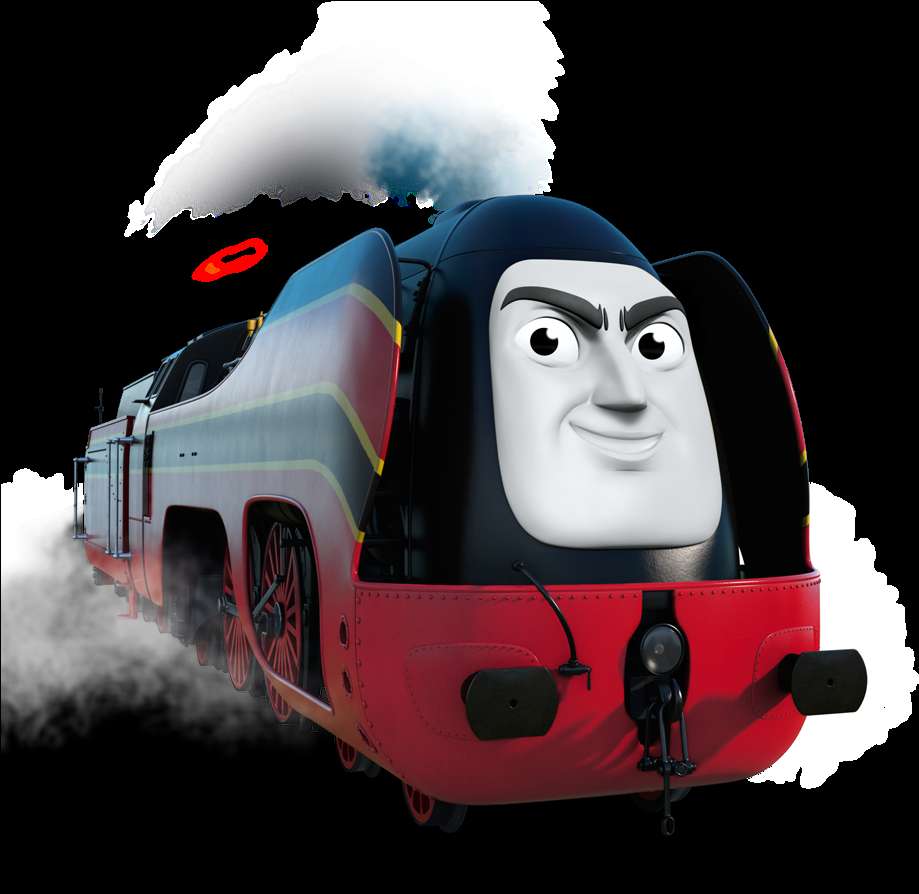 A cartoon train with a smiling face and angry eyebrows emitting steam. — Train PNG