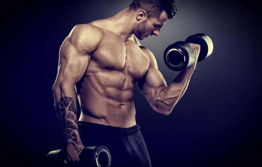 Muscular man lifting dumbbells in a dark studio with tattoos visible. — Training Wallpaper