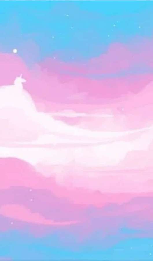 A white unicorn silhouette on a cloud in a pink and blue sky with stars. — Trans Flag Wallpaper