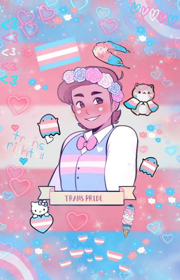 A smiling cartoon character with a floral crown surrounded by hearts and trans pride symbols. — Trans Phone Background