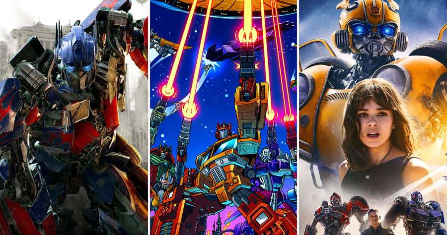 Transformers-Filmplakate mit Robotern und Menschen in Actionszenen. — Transformer Bilder