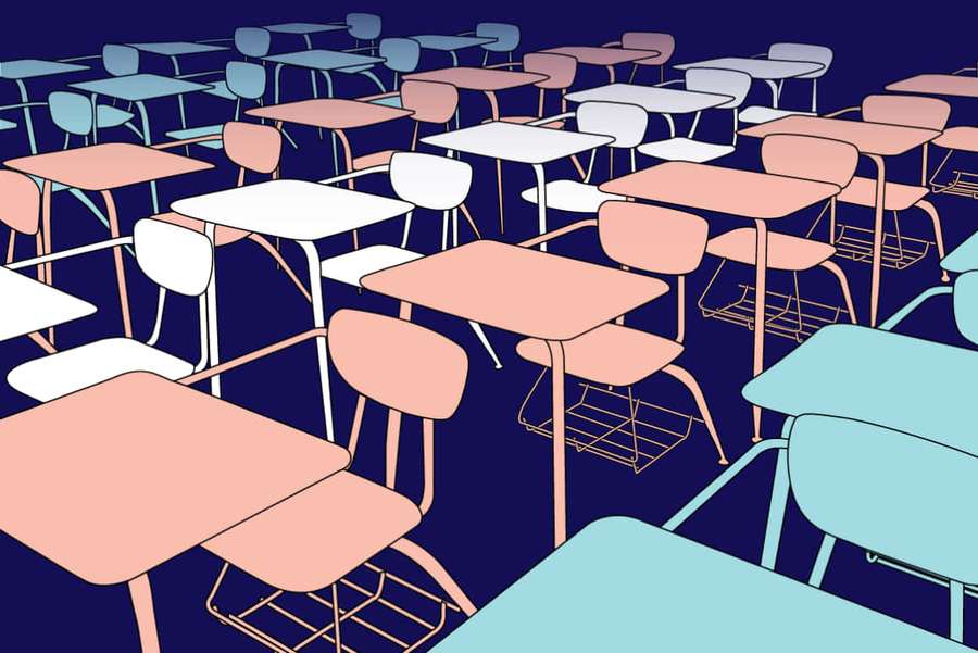Empty classroom with pastel-colored desks and chairs against a dark blue background. — Transgender Wallpaper