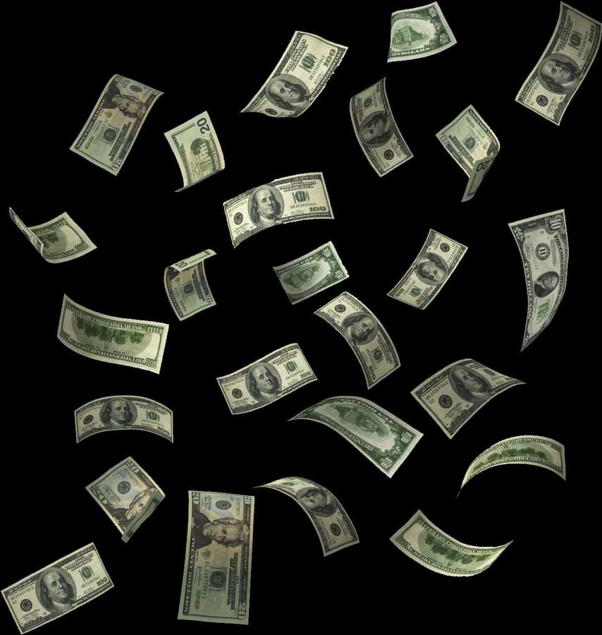 Múltiples billetes de dólar estadounidense de varias denominaciones flotando en el aire contra fondo negro. — Transparente Fondos de pantalla