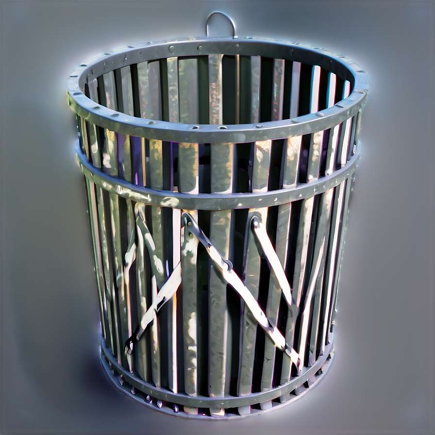 Metallic trash can with vertical slats and glowing edges on gray background — Trash Bin PNG