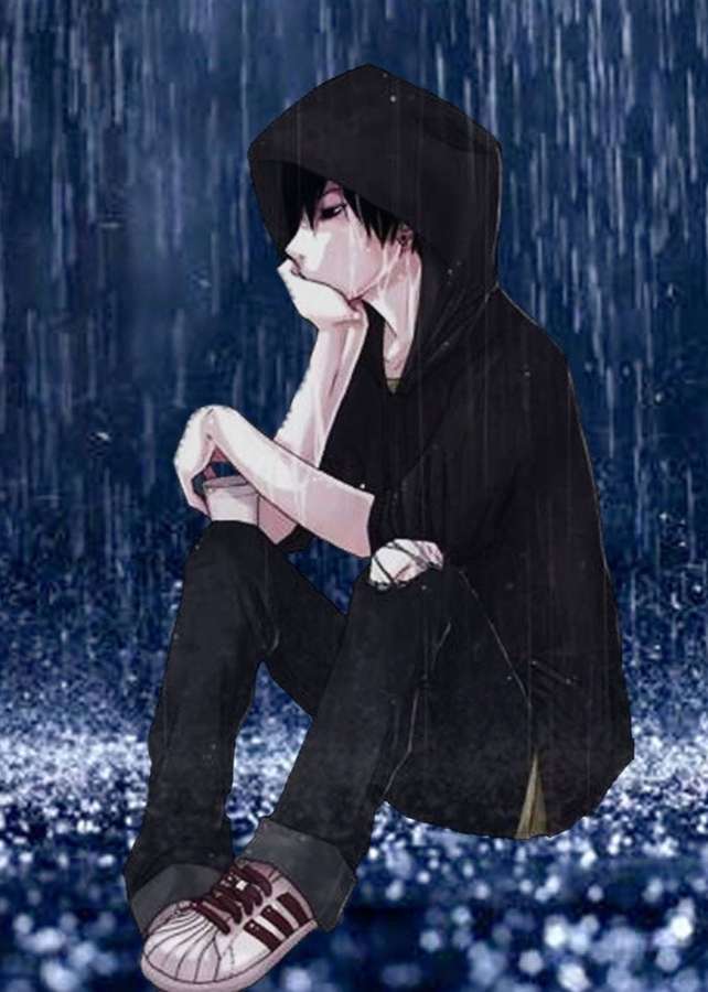 Trauriger Anime-Teenager in schwarzem Hoodie sitzt im Regen mit Hand am Kinn. — Trauriger Anime Wallpaper