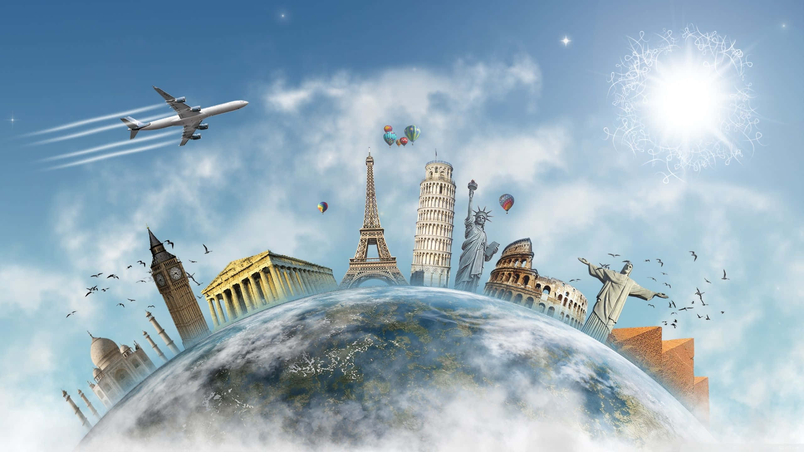 Globe with world landmarks under sunny sky with airplane and hot air balloons. — Travel HD Wallpaper