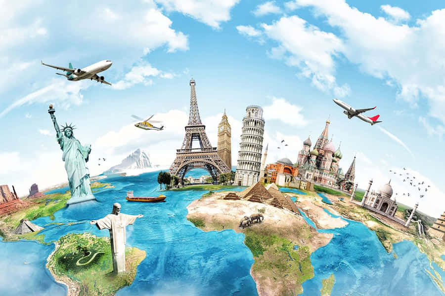 Global landmarks floating above a world map with airplanes flying overhead. — Travel Wallpaper