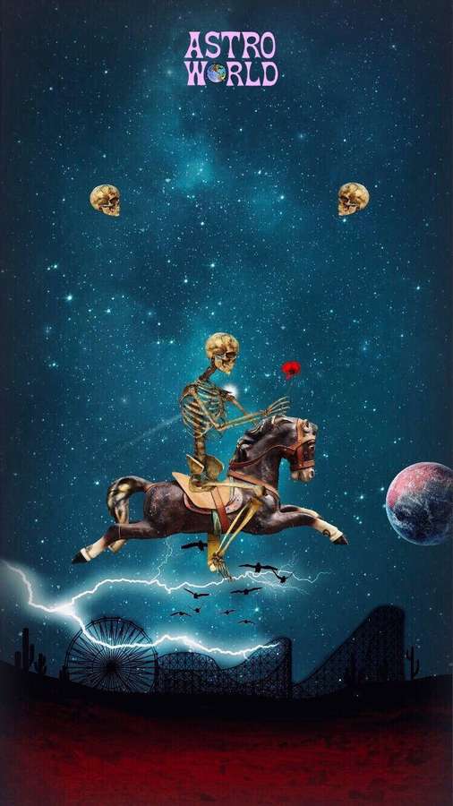 Skeletal rider on horseback in cosmic desert with rollercoaster and planets under starry sky. — Travis Scott Astroworld Background